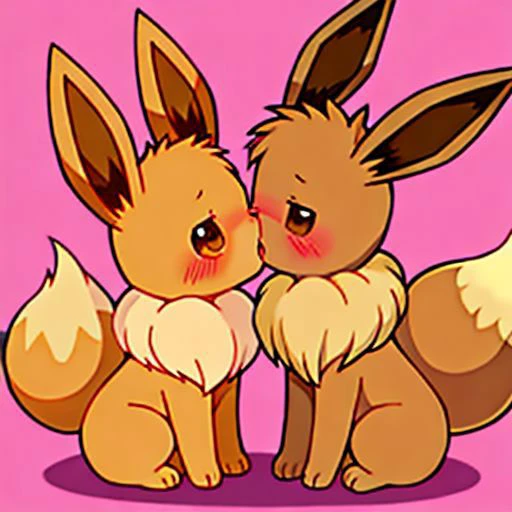A very horny female eevee forcibly kissed the male eevee, and she was very happy afterwards. The male eevee was embarrassed, no background, cute, two Ibrahimovics in the same frame, animals that walk on four legs