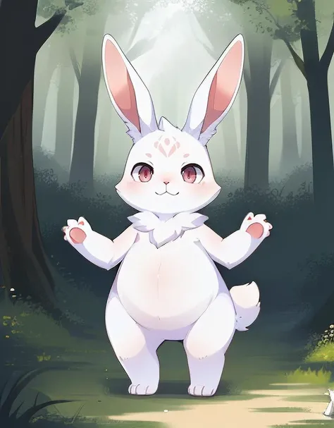 (((detailed eyes, detailed face))), (feral, quadruped, Japanese white rabbit, no human), male, (solo), (plump, belly), (nude), standing, arms up, smile, (by bna_v5, by inkudoragoon, by kicktyan), forest, light environment, soft shading, 8k, UHD, masterpiece