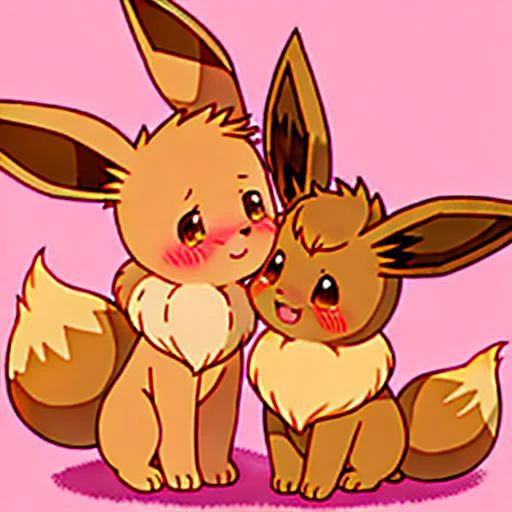 A very horny female eevee forcibly kissed the male eevee, and she was very happy afterwards. The male eevee was embarrassed, no background, cute, two Ibrahimovics in the same frame, animals that walk on four legs, female Eevee tail patterns are heart-shaped