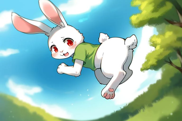 (furry:1.2), (feral:1.3), (white rabbit:1.3), detailed body fur, white fur, cute, rabbit feet, rabbit tail, rabbit ears, rabbit snout, kemono, outside, scut tail,red_eyes, green t-shirt, jumping,