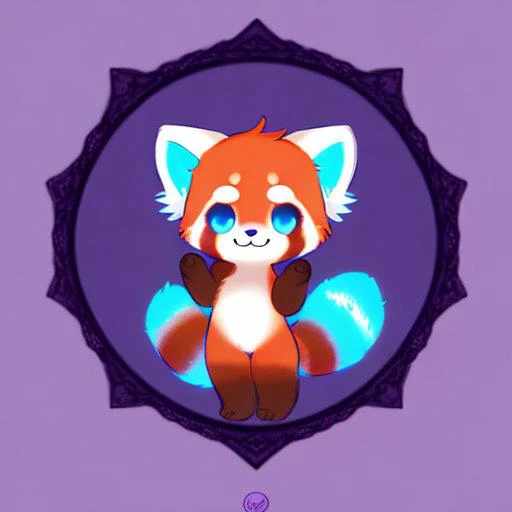 icon of cute little red panda, round frame, blue glow, purple background