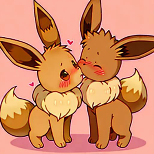 A very horny female eevee forcibly kissed the male eevee, and she was very happy afterwards. The male eevee was embarrassed, no background, cute, two Ibrahimovics in the same frame, animals that walk on four legs, female Eevee tail patterns are heart-shaped