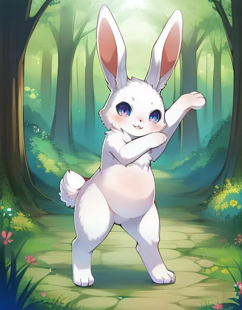 (((detailed eyes, detailed face))), (feral, quadruped, Japanese white rabbit, no human), male, (solo), (plump, belly), (nude), standing, arms up, smile, (by bna_v5, by inkudoragoon, by kicktyan), forest, light environment, soft shading, 8k, UHD, masterpiece