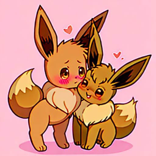 A very horny female eevee forcibly kissed the male eevee, and she was very happy afterwards. The male eevee was embarrassed, no background, cute, two Ibrahimovics in the same frame, animals that walk on four legs, female Eevee tail patterns are heart-shaped