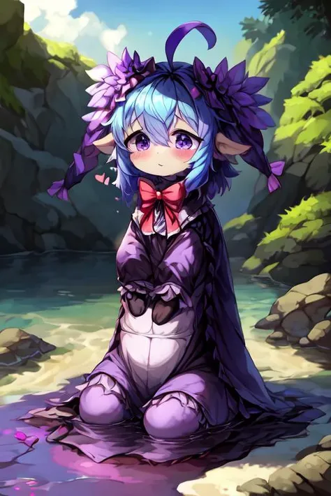 super cute feral seahare wanting to be hugged, purple bodycolour, antenna, hearts, gastropod, nudibranch, very cute clothes with frills and ribbons, best quality, marine, on the tide pool, outside, rocks