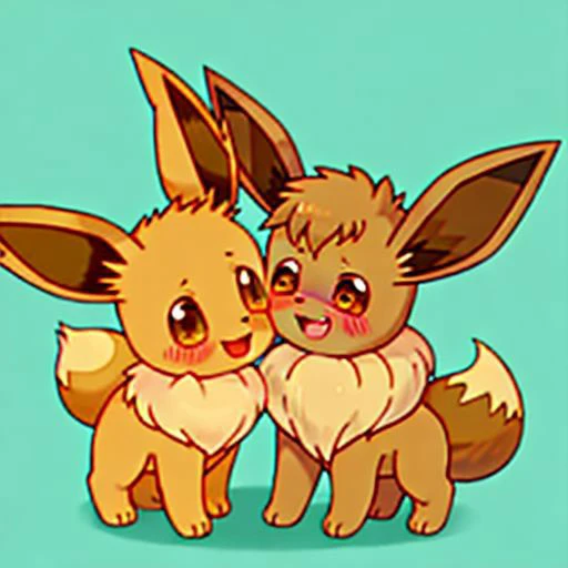 A very horny female eevee forcibly kissed the male eevee, and she was very happy afterwards. The male eevee was embarrassed, no background, cute, two Ibrahimovics in the same frame, animals that walk on four legs