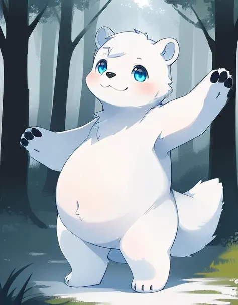 (((detailed eyes, detailed face))), (cute feral, quadruped, polarbear, no human), male, (solo), (plump, belly), (nude), standing, arms up, smile, (konzaburou, ukan_muri), forest, light environment, soft shading, 8k, UHD, masterpiece