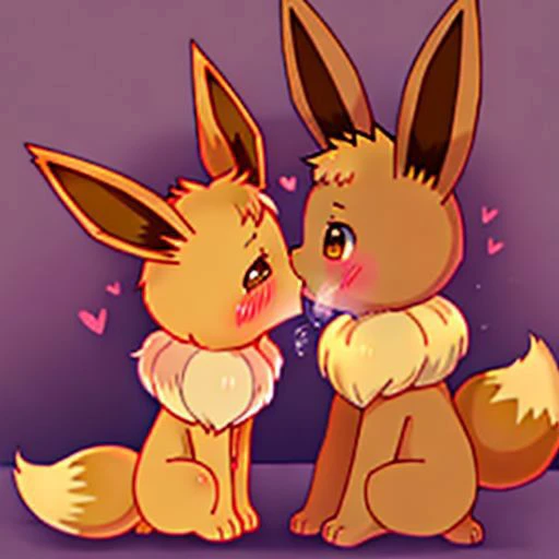 A very horny female eevee forcibly kissed the male eevee, and she was very happy afterwards. The male eevee was embarrassed, no background, cute, two Ibrahimovics in the same frame, animals that walk on four legs, female Eevee tail patterns are heart-shaped
