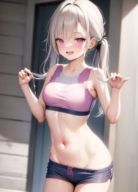 for the audience,Evening light,The park is crowded with people,Two handsome s with arrogant faces,A white-haired man with short hair、Girl wearing white tight thong,stand,standing,stand on the ground,Peerless beauty,perfect face,Perfect body,pink skin under thong, exposed navel,The thighs are very thin,The calves are very thin,Anime girl's legs slightly spread,White sweat on inner thighs,White sweat on the abdomen,Place one hand on your chest,Put one hand around each other's waist,armpit, beautiful anime girl, Anime Barbie wearing white knee-high socks, pretty face,small breasts,Wear a white sports bra,cover upper breast, smooth pink skin,strangulation marks,sweat,wet,(facial)Smile,blush