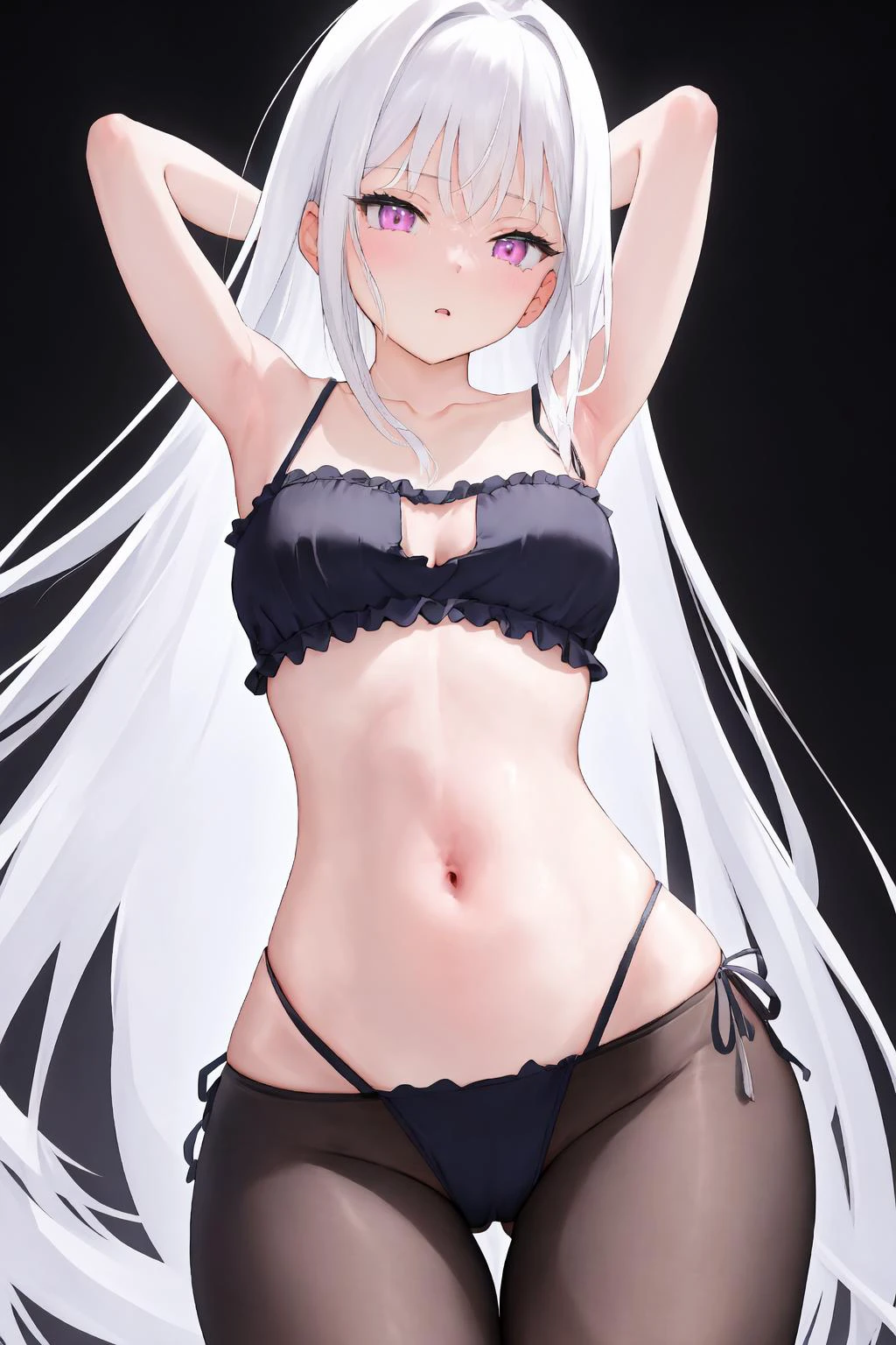 1girl, masterpiece, best quality, best aesthetic, absurdres, 8k, long hair, unkept hair ,(small breasts), cleavage, narrow waist, long hips, (wide hips:1.4071), (hip bones:0.8),( groin:0.8), arms at sides, navel, stomach, <lora:outfit_catLingerie_v10:0.8>, (cat lingerie), (parted lips), black background, front view, finely detailed, 8k, <lora:000_mignon374StyleLora_v10:0.8>, shiro-chan \(mignon\), silver hair, pink eyes