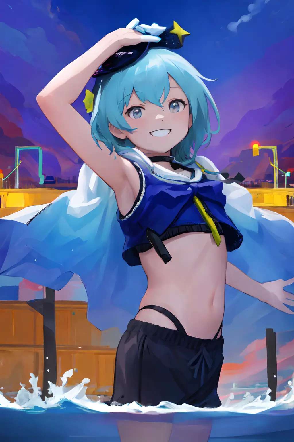 (((masterpiece))), (((best quality))), ((ultra-detailed)), (best illustration), (best shadow), ((an extremely delicate and beautiful)), official art, (artbook), extremely detailed 4k CG, original, (extremely detailed CG unity 8k wallpaper:1.1), (photorealistic), (illustration:1.1),
(star_night, starry_sky, cyberpunk, water_splashing, deep_ocean,:1.2),
mizuki \(arknights\), <lora:A111_Arknights_Mizuki:1>,
(a detailed boy:1.2), 10 years old boy, (male child:1.2), smile, looking up at the sky,
exposed belly, exposed arm, (+++perfect hand+++:1.2),