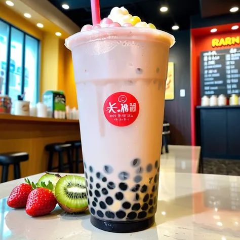 Create a realistic style image of a mixed fruit bubble tea. The drink should be in a clear glass, showcasing a vibrant array of fruit pieces, including strawberries, kiwis, and mango, floating amidst the creamy, rich tea. Pearlescent tapioca pearls should be visible at the bottom, adding a touch of intrigue. The drink is topped with a dollop of frothy cream, and a colorful, eco-friendly straw is inserted, inviting a sip. The background should be softly blurred, focusing attention on the refreshing and inviting appearance of the bubble tea, <lora:tteaw:0.75>