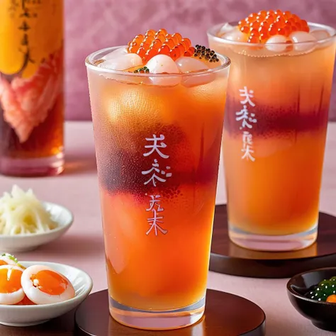 Create a photorealistic image of a unique beverage, composed of layers of salmon roe, slices of salmon sashimi, shrimp eggs, and sea urchin. The drink is presented in a transparent glass, allowing a clear view of the vibrant orange hues of the salmon roe, the deep pink of the sashimi, the delicate pink of the shrimp eggs, and the rich, creamy yellow of the sea urchin. The colors blend yet remain distinct, offering a feast for the eyes. The glass is elegantly designed, with the name 'BOBOTEA' etched in bold, stylish letters on its surface, standing out against the colorful backdrop of the drink's ingredients, <lora:tteaw:0.75>,tteaw