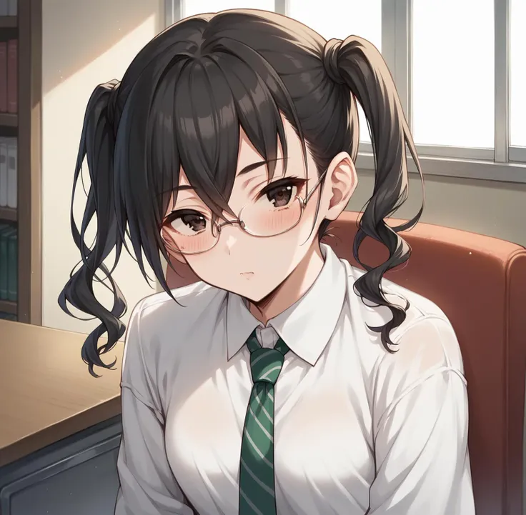 score_9, score_8_up, score_7_up, source_anime, <lora:AkiraDefaultXL-02:0.8>, AkiraDefault, 1girl, upper body, white shirt, green necktie, black hair, crossed bangs, twintails, glasses, sitting, pleated skirt, blush, looking at viewer, indoors,