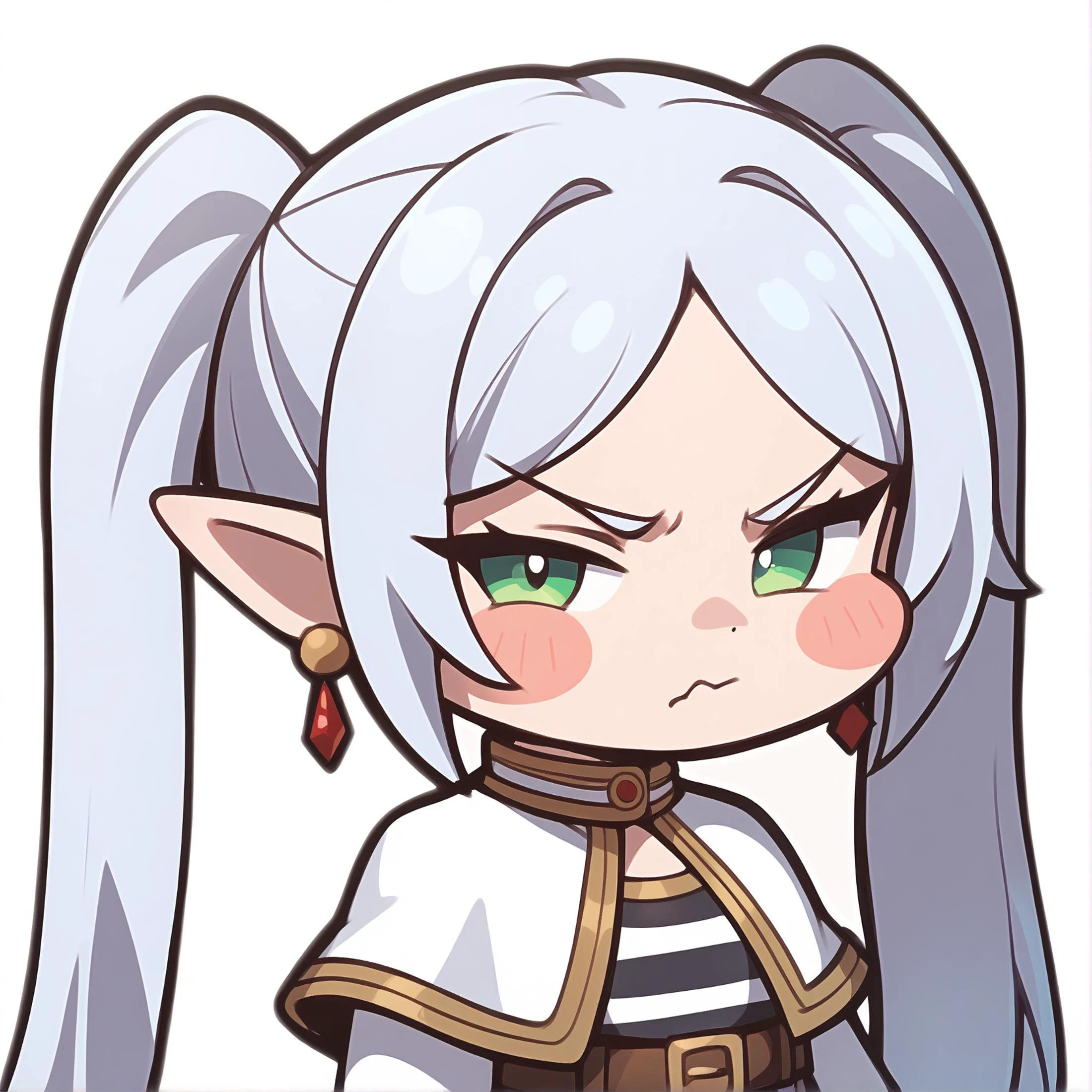score_9, score_8_up, score_7_up, score_6_up, score_5_up, score_4_up,
BREAK
looking at viewer, solo, simple background, white background, full body , standing , (disgust:1.2), facing viewer,
BREAK
1girl, <lora:ChamFrierenPonyXL:0.8:lbw=CharXL> FrierenBase, green eyes, white hair, long hair, twintails, earrings, white capelet, striped shirt, long sleeves, belt, white skirt, medium skirt, black pantyhose, brown boots
BREAK
<lora:xl_Trickcal Revive(pony):0.75> chibi,blush stickers,