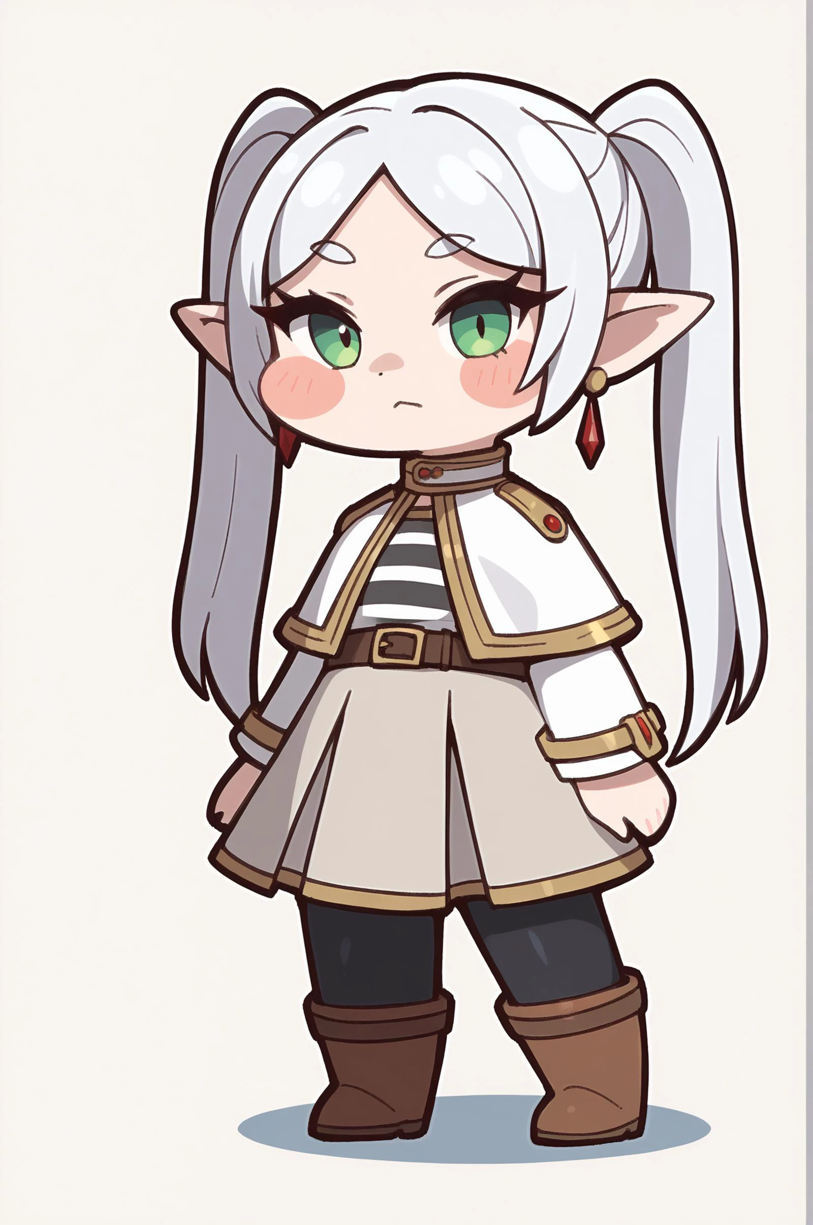 score_9, score_8_up, score_7_up, score_6_up, score_5_up, score_4_up,
BREAK
looking at viewer, solo, simple background, white background, full body , standing , distant, facing viewer,
BREAK
1girl, <lora:ChamFrierenPonyXL:0.8:lbw=CharXL> FrierenBase, green eyes, white hair, long hair, twintails, earrings, white capelet, striped shirt, long sleeves, belt, white skirt, medium skirt, black pantyhose, brown boots
BREAK
<lora:xl_Trickcal Revive(pony):0.75> chibi,blush stickers,