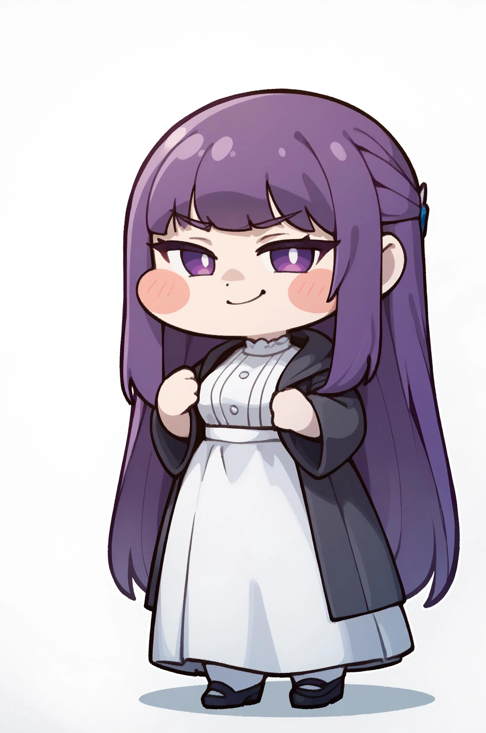 score_9, score_8_up, score_7_up, score_6_up, score_5_up, score_4_up,
BREAK
looking at viewer, solo, simple background, white background, full body , standing , (smirk:1.2), facing viewer,
BREAK
1girl, <lora:ChamFernPonyXL:0.8:lbw=CharXL> FernBase, purple eyes, purple hair, long hair, half updo, hair ornament, white dress, collared dress, black robe,
BREAK
<lora:xl_Trickcal Revive(pony):0.75> chibi,blush stickers,