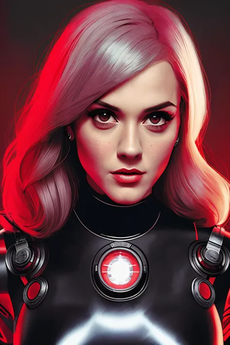 kmrs1, ((best quality)), ((masterpiece)), (detailed), Midjourney Style, close-up, woman, robot, red eyes, concept art, inspired by Marek Okon, digital art, Crysis Nanosuit, futuristic, (glowing elements:1.1), 4:3 aspect ratio, dynamic duo