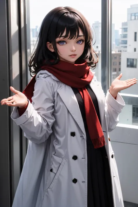 (masterpiece, best quality:1.2), solo, 1girl, bloodsplash, smug, looking at viewer, shrugging, black hair, purple eyes, white coat, open coat, skirt, red scarf <lora:BloodsplashOCv1:0.8> <lyco:concept_shrugging-11:1.0>