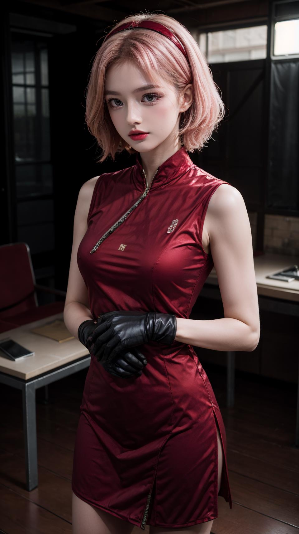 A close up of a woman in a red dress and gloves - SeaArt AI