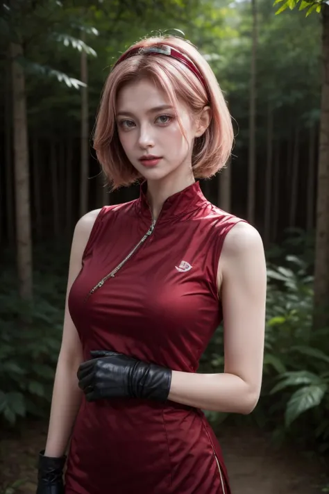 best quality,HDR,UHD,8K,Vivid Colors,solo,front view,(photo_(medium)),(looking at viewer:1.2),(1girl:1.3),(outdoors:1.5),(standing:1.5),bright light,<lora:add_detail:1>,(forest:1.3),(upper body:1.4),<lora:Sakura:0.75>, Sakura,red dress,