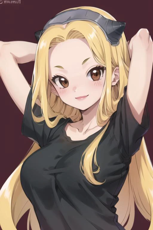 upper body, minami, 1girl, solo, black t-shirt, bottomless, blonde hair, brown eyes, hairband, looking at viewer, blush, lips, smile, <lora:minami2-08:0.8>, simple background, arms behind head