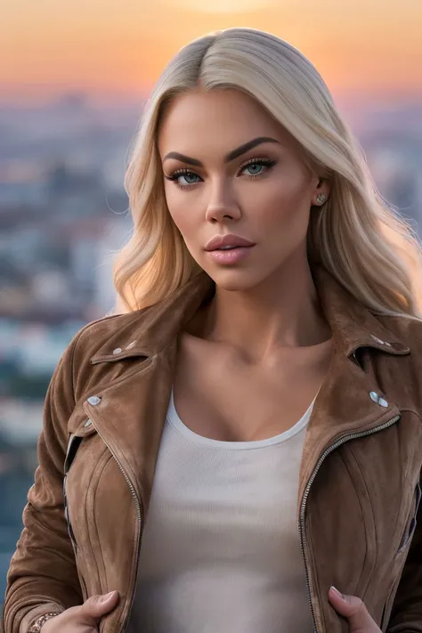 photo of S139_HarleyLaVey, a stylish woman, (landscape:1.2), wearing a (suede-jacket:1.2) and (jeans:1.1), (sunset:1.1), (8k, RAW photo, best quality, depth of field, ultra high res:1.2), (absurdres, intricate, photorealistic, masterpiece, ultra-detailed:1.3)