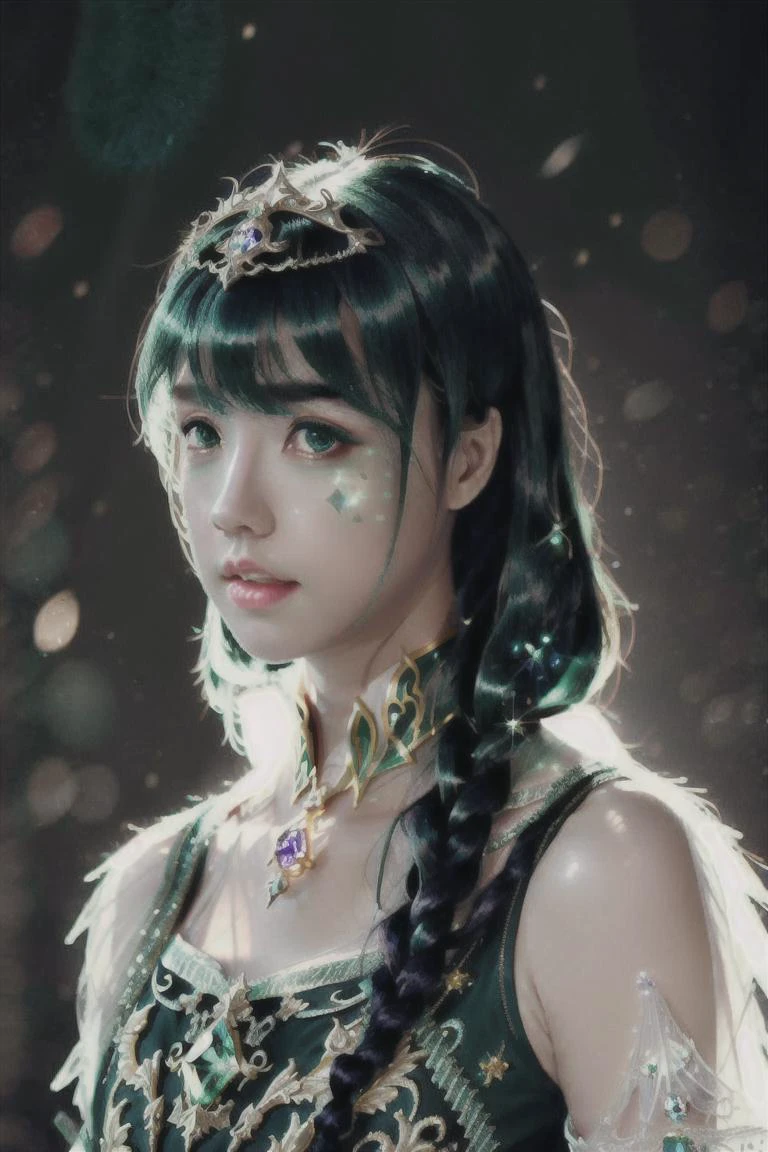 <lora:chineseInternetSingerFanSisi_v11:1>, long hair, intricate iris, massive eyes, detailed symmetrical face,!!!full body!!! shot!!! by professional photographer, realistic anatomy, high detailed, 4k, 8k resolution, hd, high quality, high details, cinematic movie still, dramatic lighting, trending on artstation, wearing alexander mcqueen armor, holding a sword!, watercolor, digital art, realistic shadows, in the style of D&D character portrait, realistic lighting, in-front facing camera, <lora:glassHairWIPRead_v1:0.6>, Crystal Green hair, Crystal shards floating around her, Floating sparkles, Sparkle hair, Glow hair