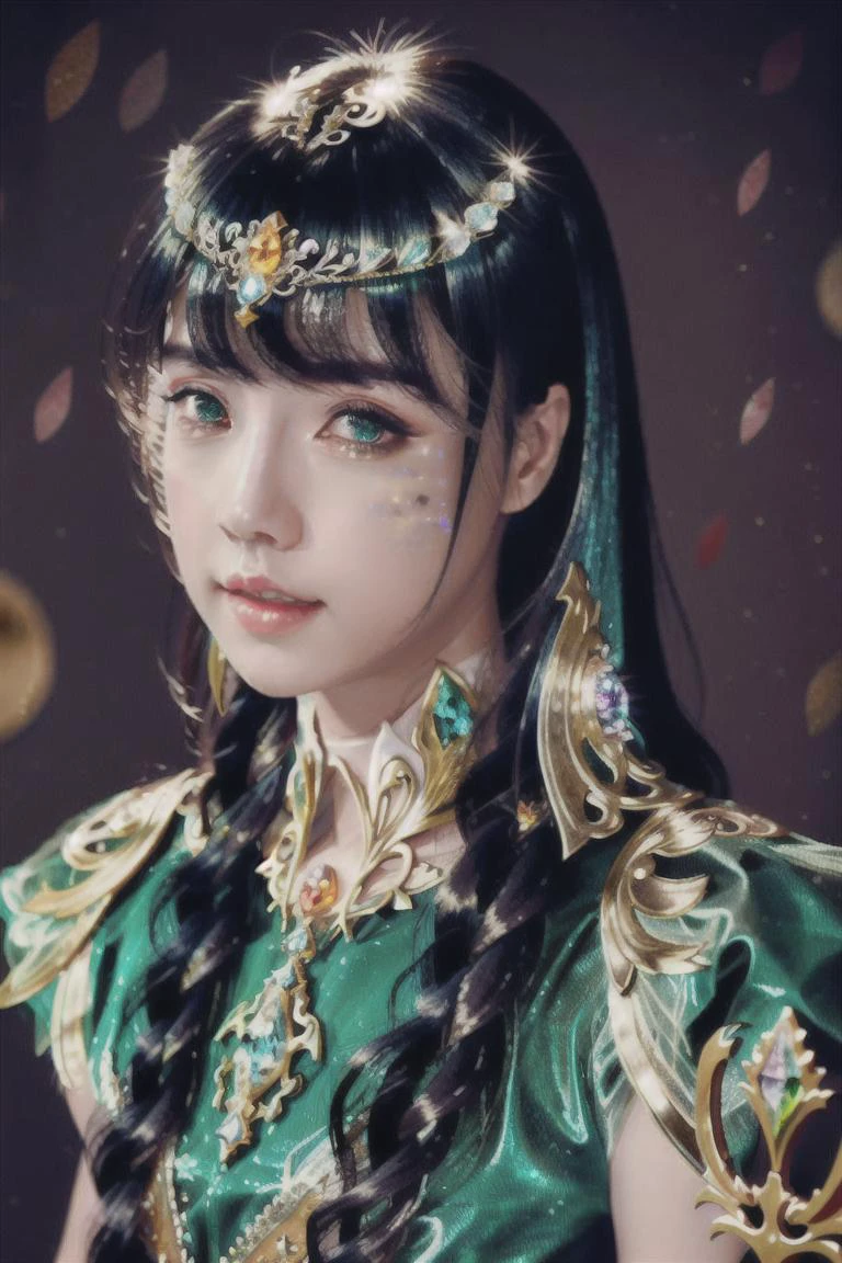 <lora:chineseInternetSingerFanSisi_v11:1>, long hair, intricate iris, massive eyes, detailed symmetrical face,!!!full body!!! shot!!! by professional photographer, realistic anatomy, high detailed, 4k, 8k resolution, hd, high quality, high details, cinematic movie still, dramatic lighting, trending on artstation, wearing alexander mcqueen armor, holding a sword!, watercolor, digital art, realistic shadows, in the style of D&D character portrait, realistic lighting, in-front facing camera, <lora:glassHairWIPRead_v1:0.6>, Crystal emerald hair, Crystal shards floating around her, Floating sparkles, Sparkle hair, Glow hair