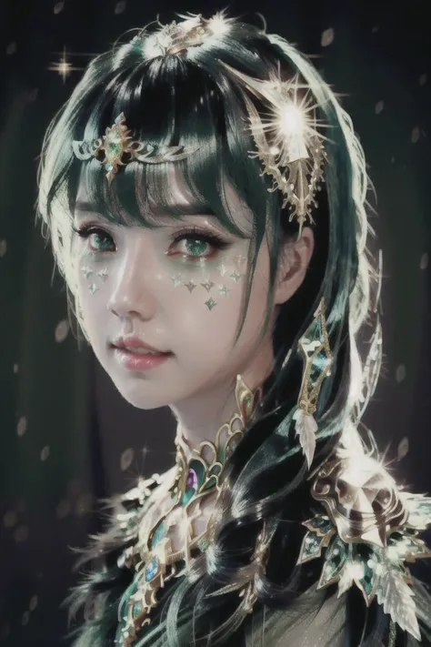<lora:chineseInternetSingerFanSisi_v11:1>, long hair, intricate iris, massive eyes, detailed symmetrical face,!!!full body!!! shot!!! by professional photographer, realistic anatomy, high detailed, 4k, 8k resolution, hd, high quality, high details, cinematic still, dramatic lighting, trending on artstation, wearing alexander mcqueen armor, holding a sword!, watercolor, digital art, realistic shadows, in the style of D&D character portrait, realistic lighting, in-front facing camera, <lora:glassHairWIPRead_v1:0.6>, Crystal Green hair, Crystal shards floating around her, Floating sparkles, Sparkle hair, Glow hair