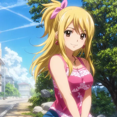 lucy heartfilia, 1girl, solo, blonde hair, brown eyes, long hair, earrings, jewelry, smile, ribbon, hair ribbon, tree,<lora:lucyHeartfiliaLora_v10:0.6>