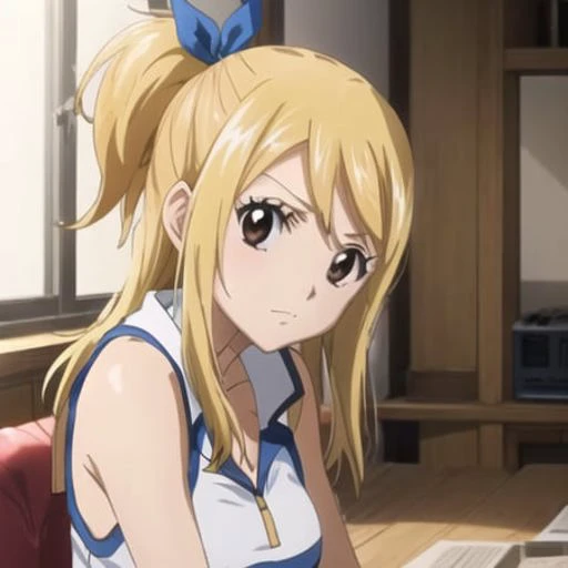1girl, lucy heartfilia, solo, blonde hair, brown eyes, long hair, indoors, looking at viewer, anime coloring, parody, side ponytail, bare shoulders, upper body, sleeveless, hair ribbon,<lora:lucy_heartfilia:0.6><hypernet:sgqo1n:1.0>