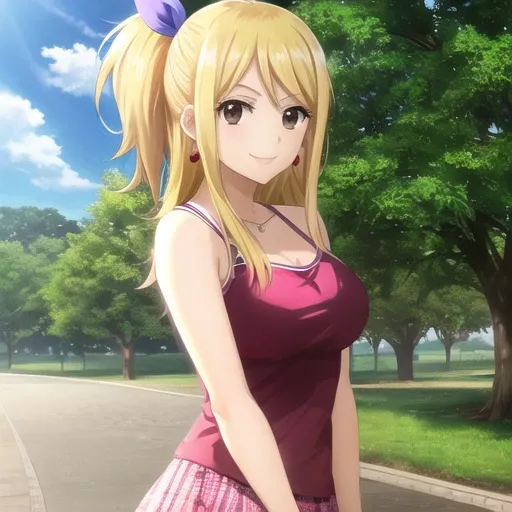 lucy heartfilia, 1girl, solo, blonde hair, brown eyes, long hair, earrings, jewelry, smile, ribbon, hair ribbon, tree, <lora:lucy_heartfilia:0.5><hypernet:sgqo1n:1.0>