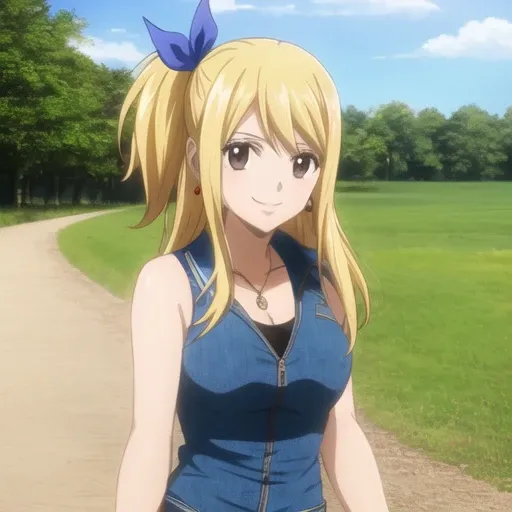 lucy heartfilia, 1girl, solo, blonde hair, brown eyes, long hair, earrings, jewelry, smile, ribbon, hair ribbon, tree, <lora:lucy_heartfilia:0.5><hypernet:sgqo1n:1.0>