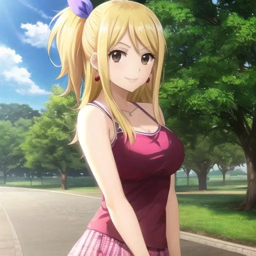 lucy heartfilia, 1girl, solo, blonde hair, brown eyes, long hair, earrings, jewelry, smile, ribbon, hair ribbon, tree, <lora:lucy_heartfilia:0.5><hypernet:sgqo1n:1.0>
