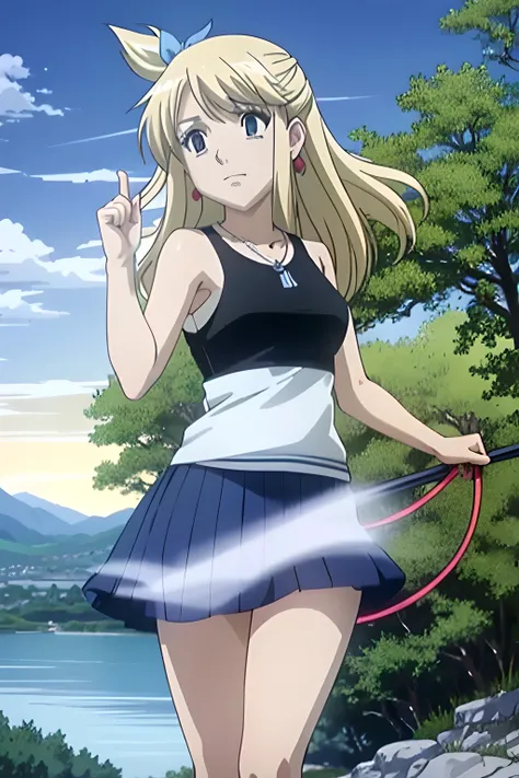 1 girl, dynamic pose, little smile, cinematic light, whip,keys, <lora:lucyHeartfiliaLora_v10:0.8>,  blonde hair, brown eyes,side ponytail, long hair, earrings, jewelry,blue ribbon,hair ribbon, blue skirt, (white sleeveless_shirt) , necklace, black boots, (((anime))),masterpiece, best quality, intricate details, 8k uhd, perfect face, perfect eyes