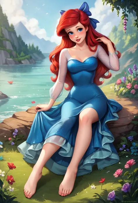 masterpiece,best quality, highly detailed, score_9, score_8_up, score_7_up, score_6_up,source anime,<lora:xl_more_art-full_v1:0.8>,
BREAK
 <lora:ariel:0.8>ariel, 1girl, solo, dress, red hair, barefoot, long hair, blue eyes, flower, hair bow, breasts, bow, sitting, looking at viewer, feet, blue dress, toes, blush, freckles, parted lips, watermark, smile, full body, red lips, lips, see-through, long sleeves, toenails, medium breasts, web address