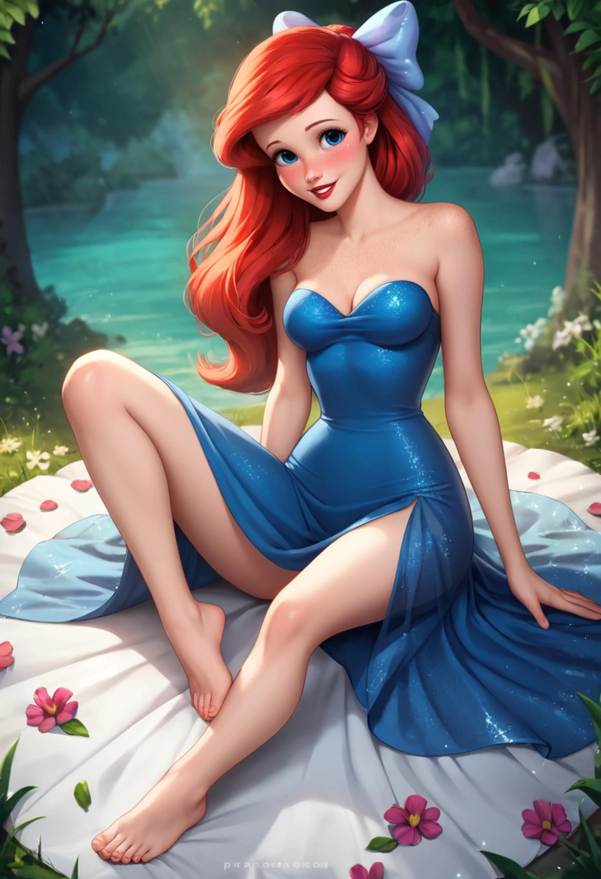 masterpiece,best quality, highly detailed, score_9, score_8_up, score_7_up, score_6_up,source anime,<lora:xl_more_art-full_v1:0.8>,
BREAK
<lora:ariel:0.8>ariel, 1girl, solo, dress, red hair, barefoot, long hair, blue eyes, flower, hair bow, breasts, bow, sitting, looking at viewer, feet, blue dress, toes, blush, freckles, parted lips, watermark, smile, full body, red lips, lips, see-through, long sleeves, toenails, medium breasts, web address