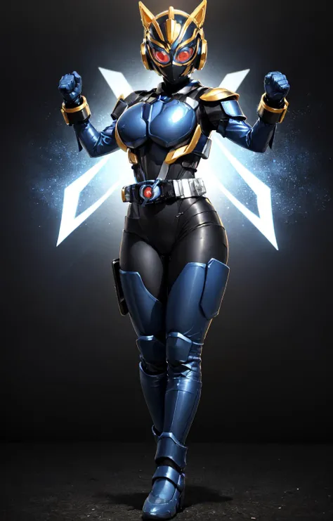 ((masterpiece,best quality)), absurdres,(extremely detailed CG), (best quality), ,solo,1girl,mature female,perfect female body,large breasts,wide hips, thighs, dynamic pose, perfect face,  shiny skin, lustrous skin, (extremely detailed CG), (best quality), perfect face, shiny skin, lustrous skin,((((power armor,metallic blue breastplate,metallic blue gauntlets,metallic blue sleeves, golden shoulder guard,metallic blue and silver mouthpiece,red visor,red eyes, glowing eyes)))), <lora:NagoEntry-10:0.62> <lora:ShowaRider:0.4> NagoEntry, gloves,rider belt, belt,skin tight bodysuit,helmet,cat ears,armor,mask,black gloves,handcuffs,black footwear,black boots,fantasy background,cinematic composition,incoming attack,open hands,<lora:jeanne:0.4> magic,