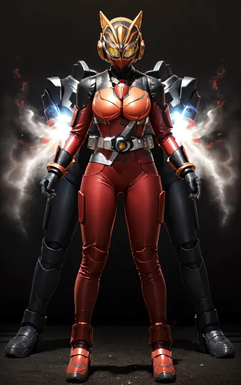 ((masterpiece,best quality)), absurdres,(extremely detailed CG), (best quality), ,solo,1girl,mature female,perfect female body,large breasts,wide hips, thighs, dynamic pose, perfect face, shiny skin, lustrous skin, (extremely detailed CG), (best quality), perfect face, shiny skin, lustrous skin,((((power armor,red breastplate,silver gauntlets,red sleeves, red shoulder guard,metallic red and silver mouthpiece,yellow visor,yellow eyes, glowing eyes,exhaust pipes on arms)))), <lora:NagoEntry-10:0.62> <lora:ShowaRiderFINAL:0.4> NagoEntry, gloves,rider belt,boost buckle, belt,black skin tight bodysuit,helmet,cat ears,armor,mask,black gloves,handcuffs,black footwear,black boots,fantasy background,cinematic composition,incoming attack,((open hands)),<lora:jeanne-10:0.4> magic,
