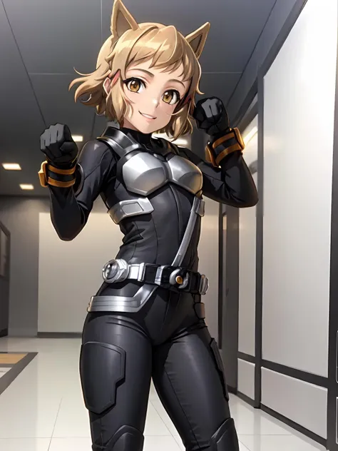 (extremely detailed CG), (best quality), perfect face, shiny skin, lustrous skin, <lora:NagoEntry-10:0.7> NagoEntry, gloves,rider belt, belt,bodysuit,,cat ears, armor,black gloves,handcuffs,black footwear,boots,,solo,1girl, <lora:Hibiki flexible:0.8>thflex ,fullbody,tachibana hibiki \(symphogear\) (hair clip:1.1) brown eyes, smile,