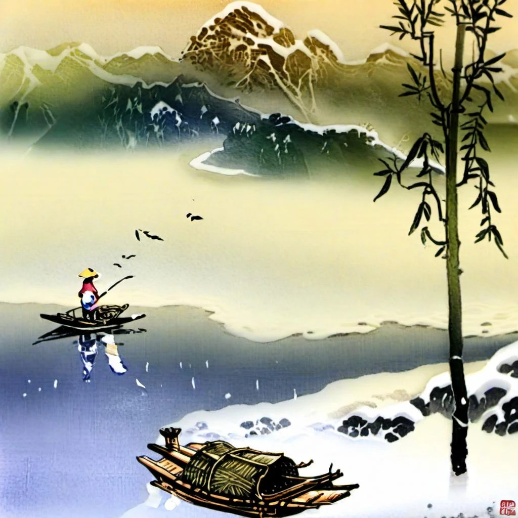 Birds fly away from thousands of mountains, and people disappear from thousands of paths. A lone boat and a bamboo hat weng fish alone in the snow of the cold river, <lora:Chinese Printmaking_ä¸å½çç»_sdxl_(V2.0):1>, masterpiece, best quality,, masterpiece, best quality,