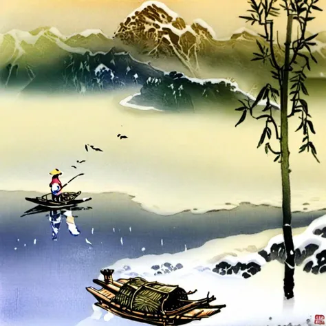 Birds fly away from thousands of mountains, and people disappear from thousands of paths. A lone boat and a bamboo hat weng fish alone in the snow of the cold river, <lora:Chinese Printmaking_ä¸­å½çç»_sdxl_(V2.0):1>,  masterpiece, best quality,, masterpiece, best quality,