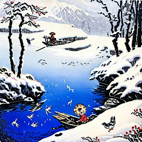 woodcut,1man,Birds fly away from thousands of mountains, and people disappear from thousands of paths. A lone boat and a bamboo hat weng fish alone in the snow of the cold river, <lora:Chinese Printmaking_ä¸­å½çç»_sdxl_(V2.0):1>,  masterpiece, best quality,, masterpiece, best quality,