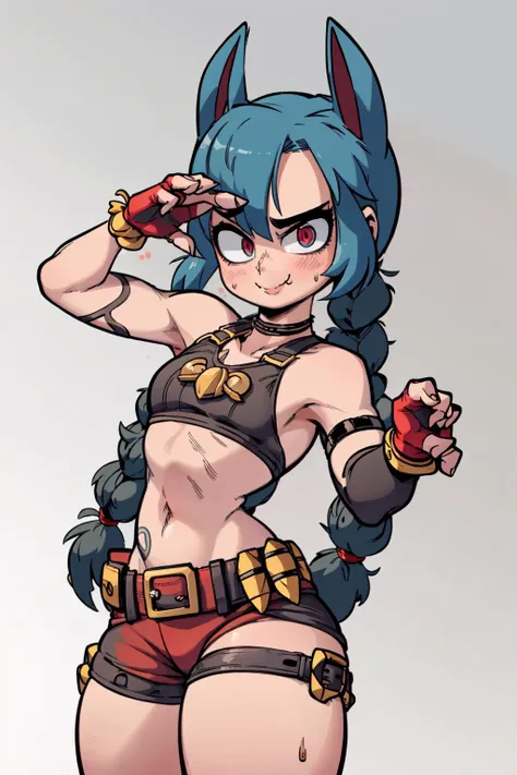 (best quality, masterpiece),
girl JinxLol, ((claw pose):1.2), :3, naughty face, seductive smile, collar, ((long twin braids)), gloves, fingerless gloves, crop top, belt, short shorts, small breasts, ((city)), ((explosions on background)), tattoo,
<lora:Diives_style:0.8>, <lora:JinxLol:0.8>, <lora:add_detail:0.5>