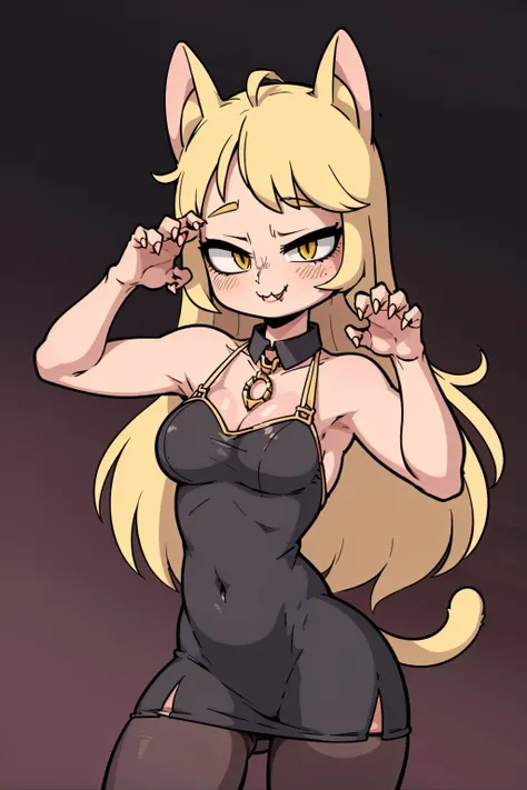 (best quality, masterpiece),
furry, cat girl, ((claw pose):1.2), :3, cat ears, cocktail dress, cat tail, naughty face, seductive smile, collar,
blonde hair, wavy hair, cute pose, <lora:Diives_style:0.7>
