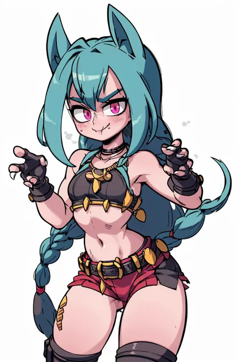 (best quality, masterpiece),
girl JinxLol, ((claw pose):1.2), :3, naughty face, seductive smile, collar, ((long twin braids)), gloves, fingerless gloves, crop top, belt, short shorts, small breasts, ((city)), ((explosions on background)), cyan hair,
<lora:Diives_style:0.8>, <lora:JinxLol:0.9>, <lora:add_detail:0.5>