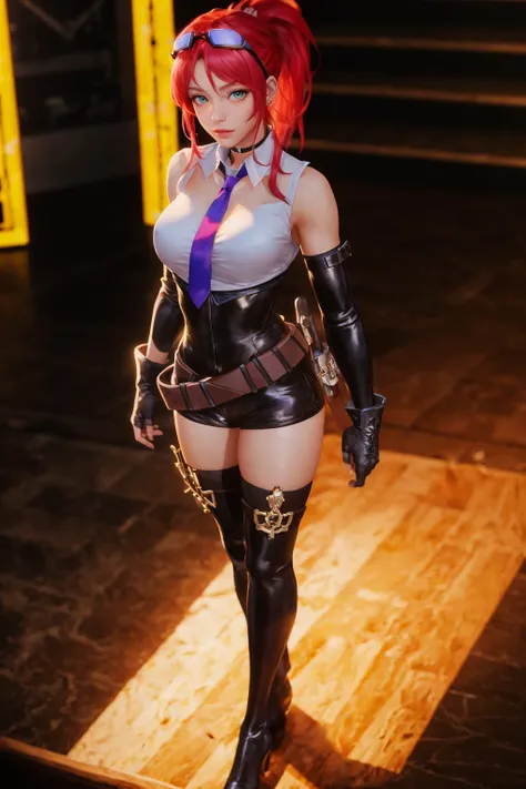 Adolescent, best quality, ultra detailed, redhead, yellow eyes, makima, electric saw man, anime, hair with braids, sexy corset, full body vision.