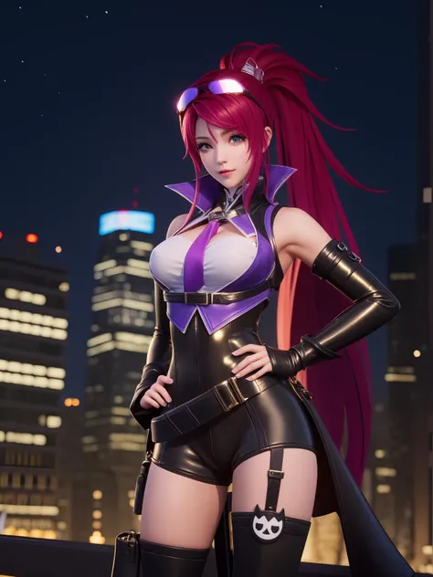 WZRYsunshangxiangSSBTL, 1girl, solo, long hair, breasts, goggles on head,ponytail, necktie, red hair,belt, green eyes,thigh boots, bare shoulders, black gloves, looking at viewer,<lora:WZRYsunshangxiangSSBTL:0.75>,cityscape, night,mature female, hand on hip,
