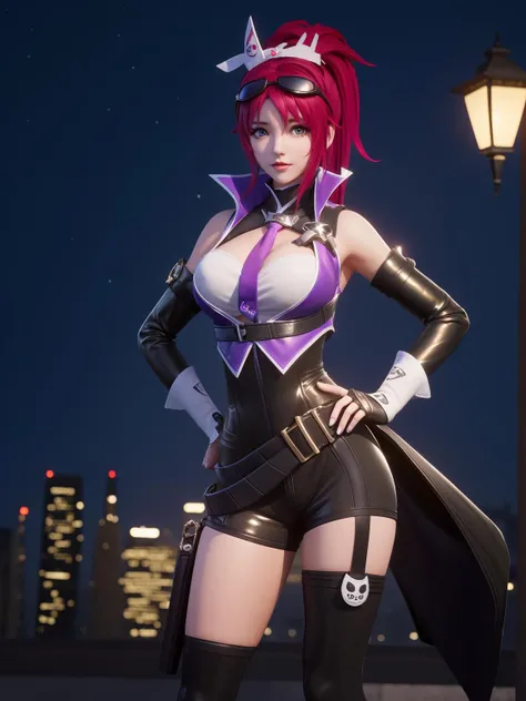 WZRYsunshangxiangSSBTL, 1girl, solo, long hair, breasts, goggles on head,ponytail, necktie, red hair,belt, green eyes,thigh boots, bare shoulders, black gloves, looking at viewer,<lora:WZRYsunshangxiangSSBTL:0.75>,cityscape, night,mature female, hand on hip,